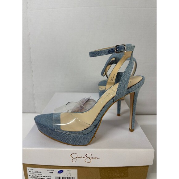 Jessica Simpson Women's JS Camisha Stiletto Heels Clear/Denim Ankle Strap Sz 8M - Picture 1 of 7